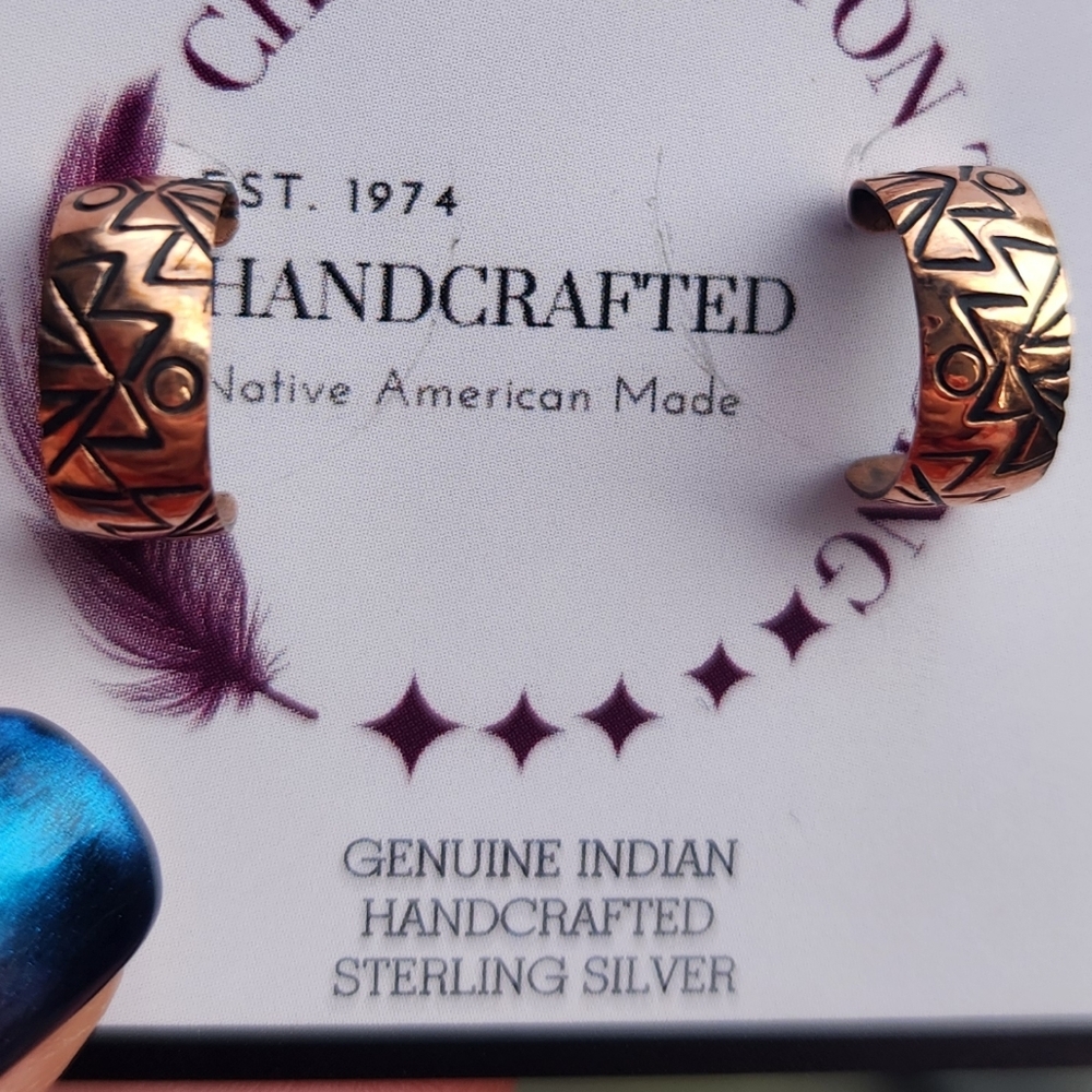 Handmade Navajo Native American Copper Stamped Huggie Hoop Stud Earrings